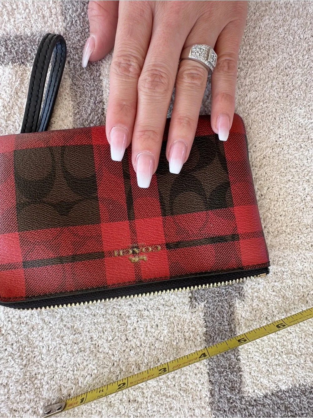 Coach Red and Black Plaid Signature Zip Wristlet